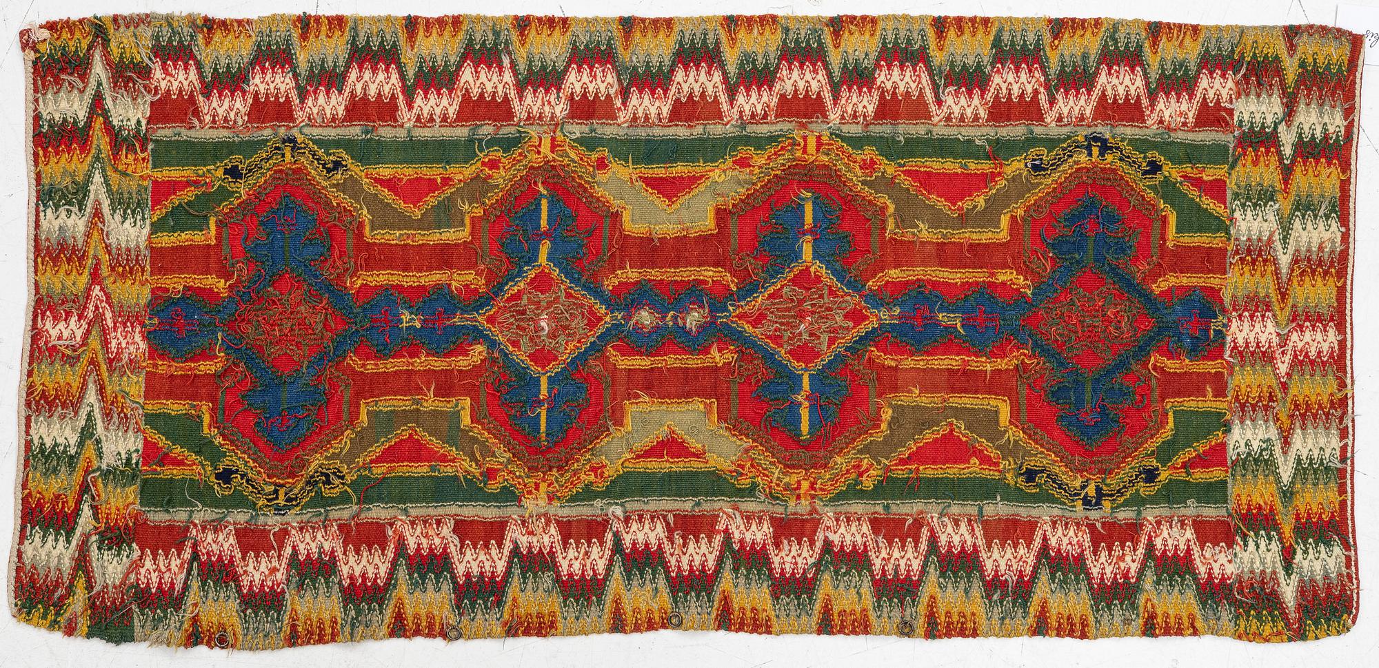 Sled cushion, Rölakan, southwestern Skåne, early 19th century, 115 x 55 cm.