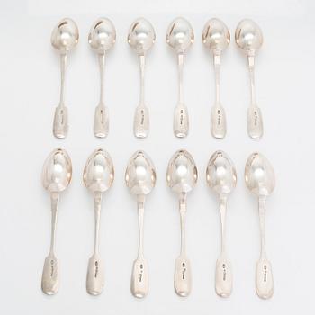 A set of 12 Morozov silver table spoons, master Adam Herttuainen. Imperial Warrant. St Petersburg 1908-17. In oak box.