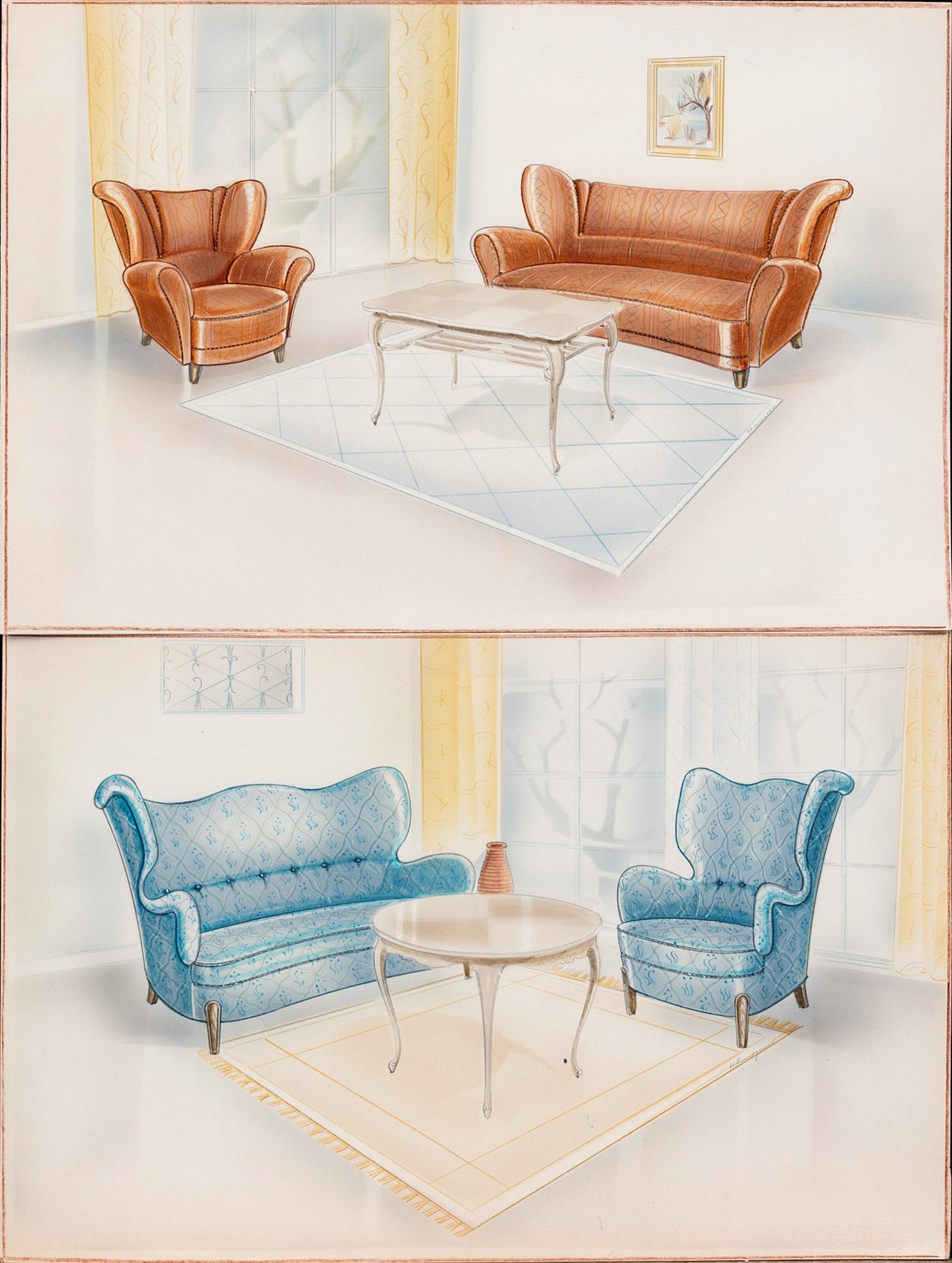 MÖBELRITNINGAR, 20 st, akvareller, 1940-tal.