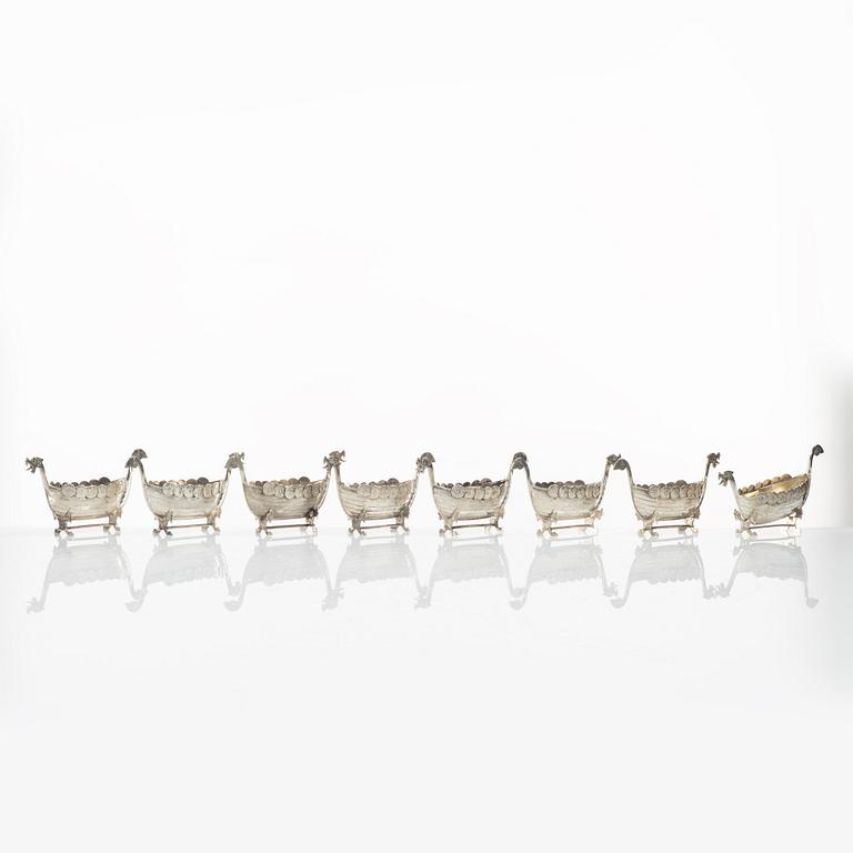 Viking ships/spice jars, 830/1000 silver, 8 pieces.