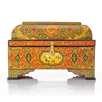 A large persian 'Safavid Revival' lacquer papier-mâché casket, Qajar dynasty.