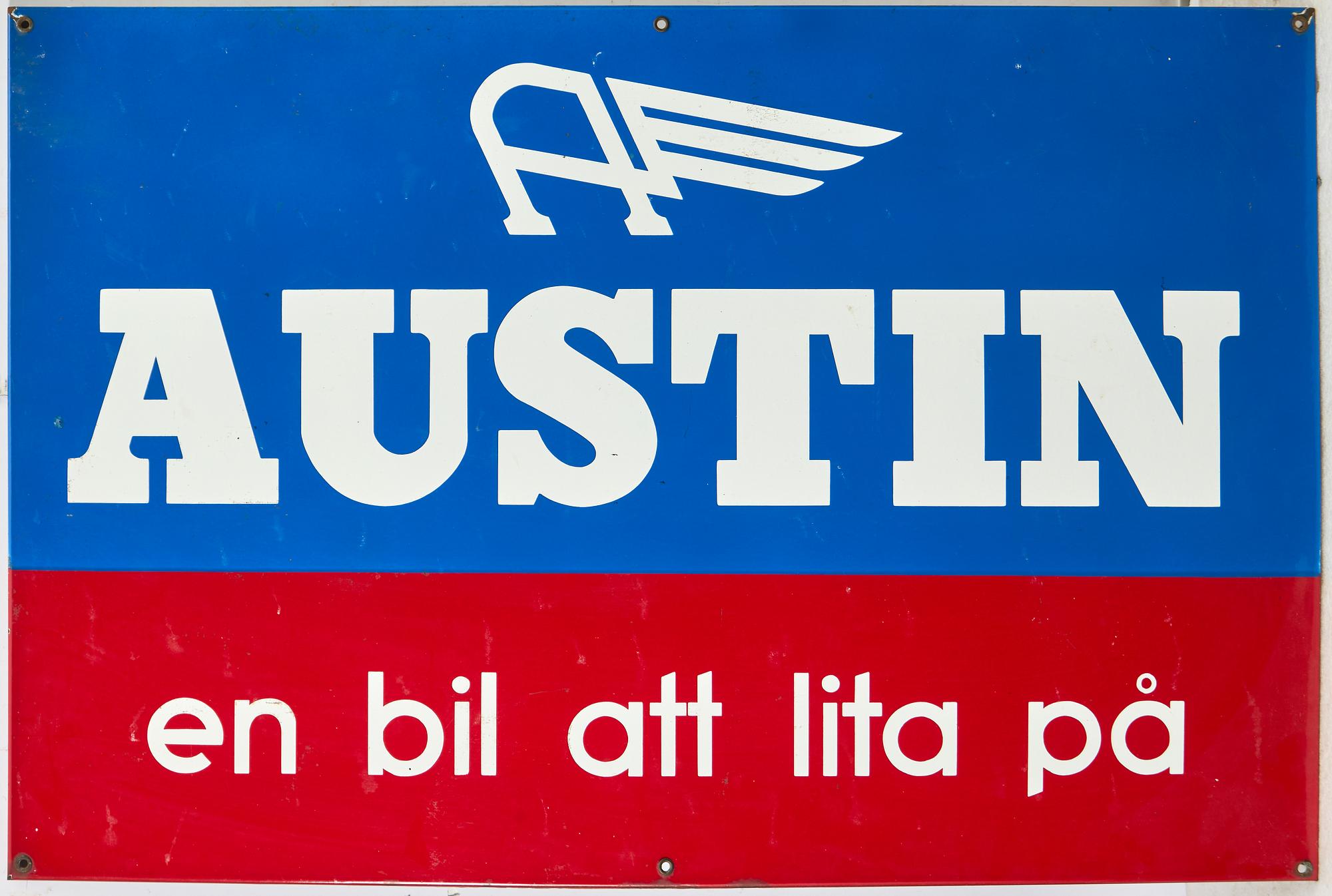 Sign, enamelled metal, Austin.