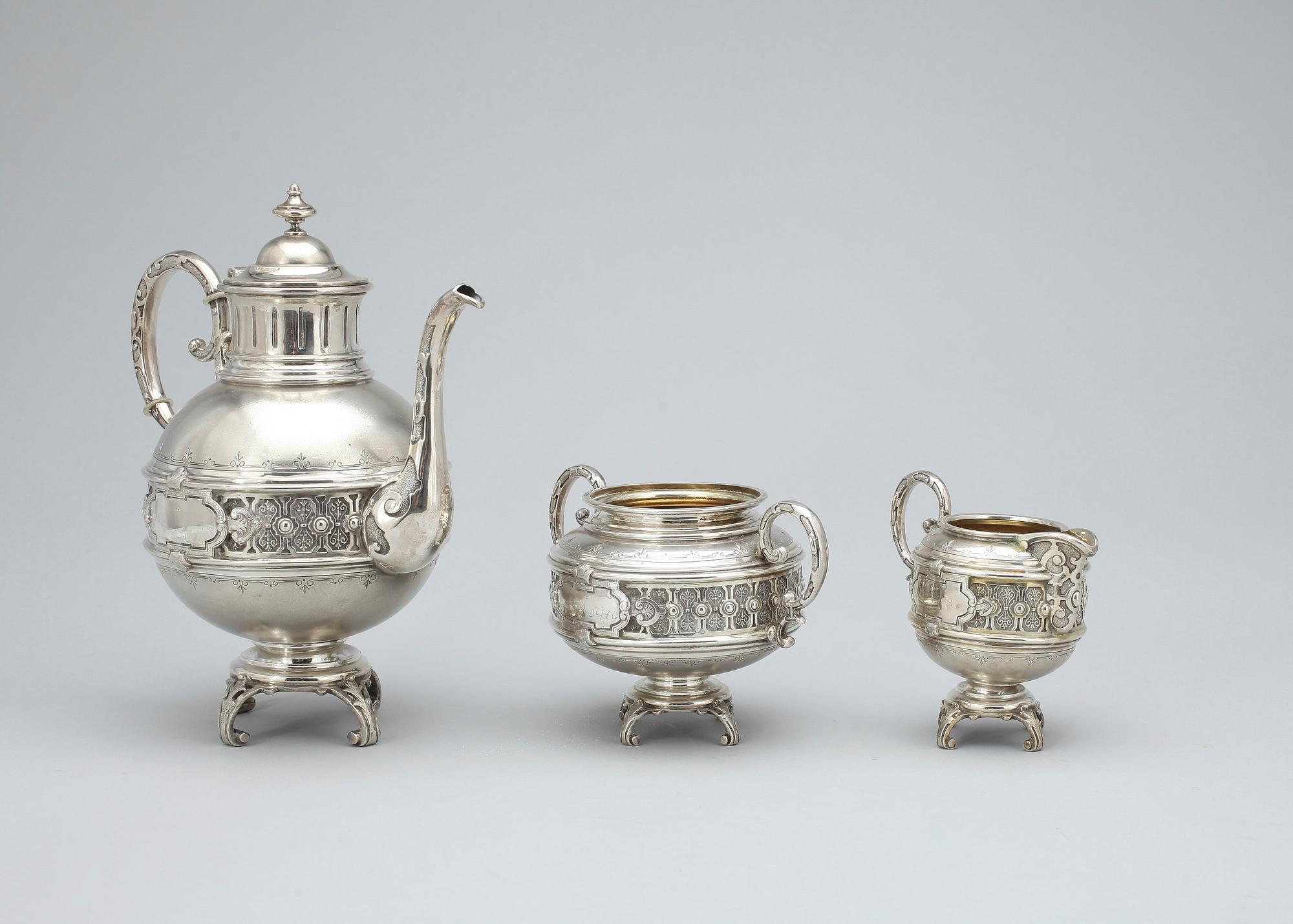 KAFFESERVIS, 3 delar silver, nyrenässans, Carl August Nilsson Malmö 1888, totalvikt ca 770 gr.