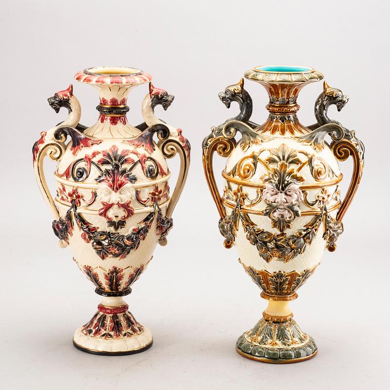 A set of two Rörstrand majolica urns around 1900.