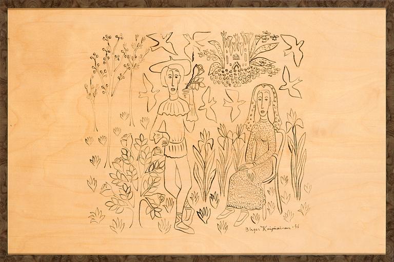 Birger Kaipiainen, drawing, ink on plywood, signed and dated -46.