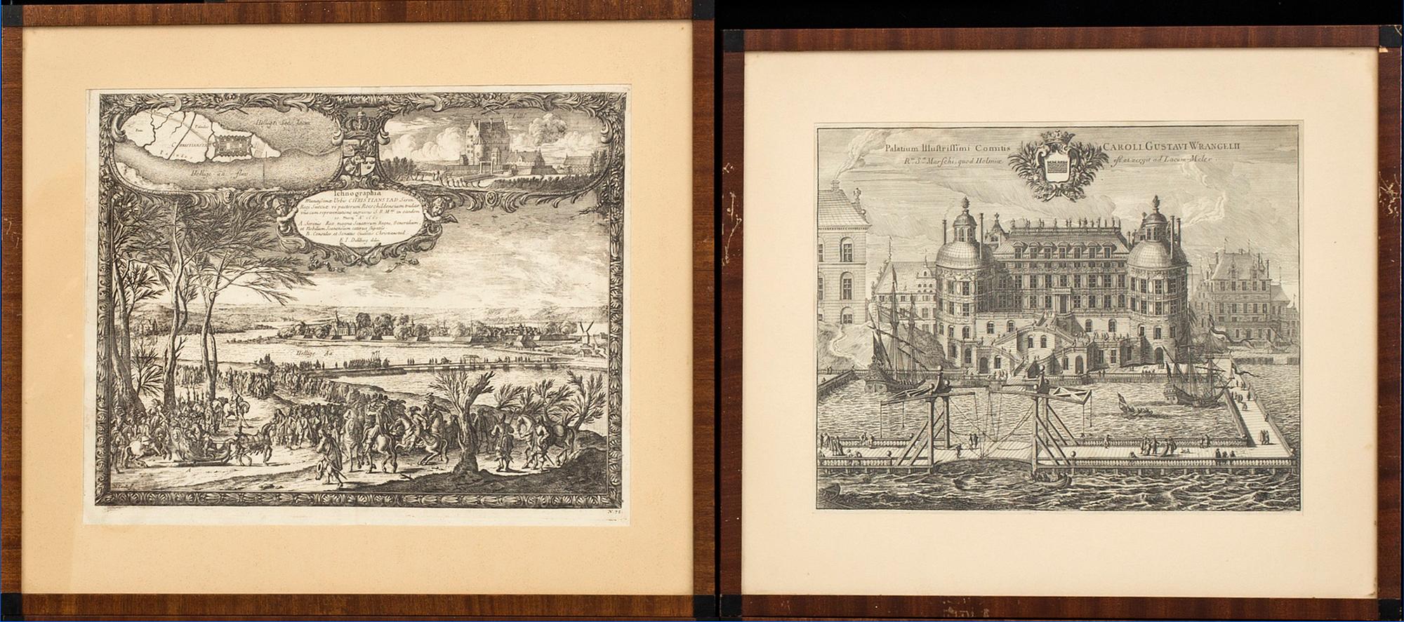 KOPPARSTICK, 5 st ur Erik Dahlbergs 'Svecia antiqua et hodierna', 4 blad 1700-tal, 1 18/1900-tal.