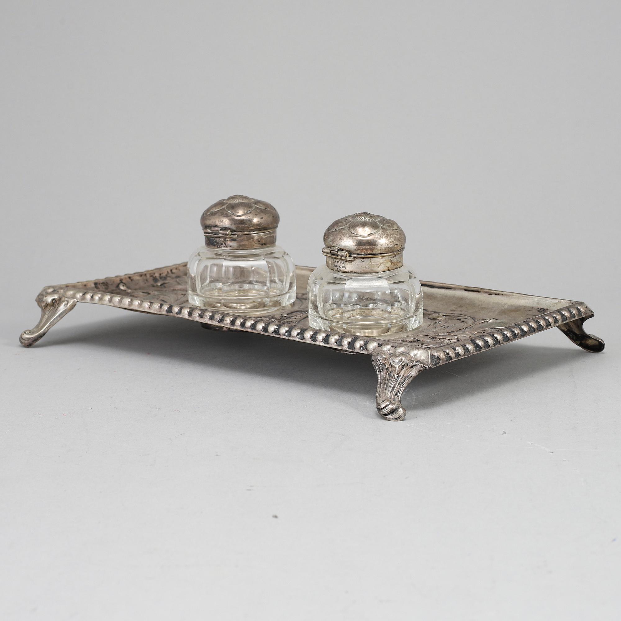 A silver and glass inkwell, Henrik Möller, Trondheim, Norway.