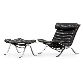 Arne Norell, an 'Ari' steel and black leather lounge chair with ottoman, Norell, Sweden.