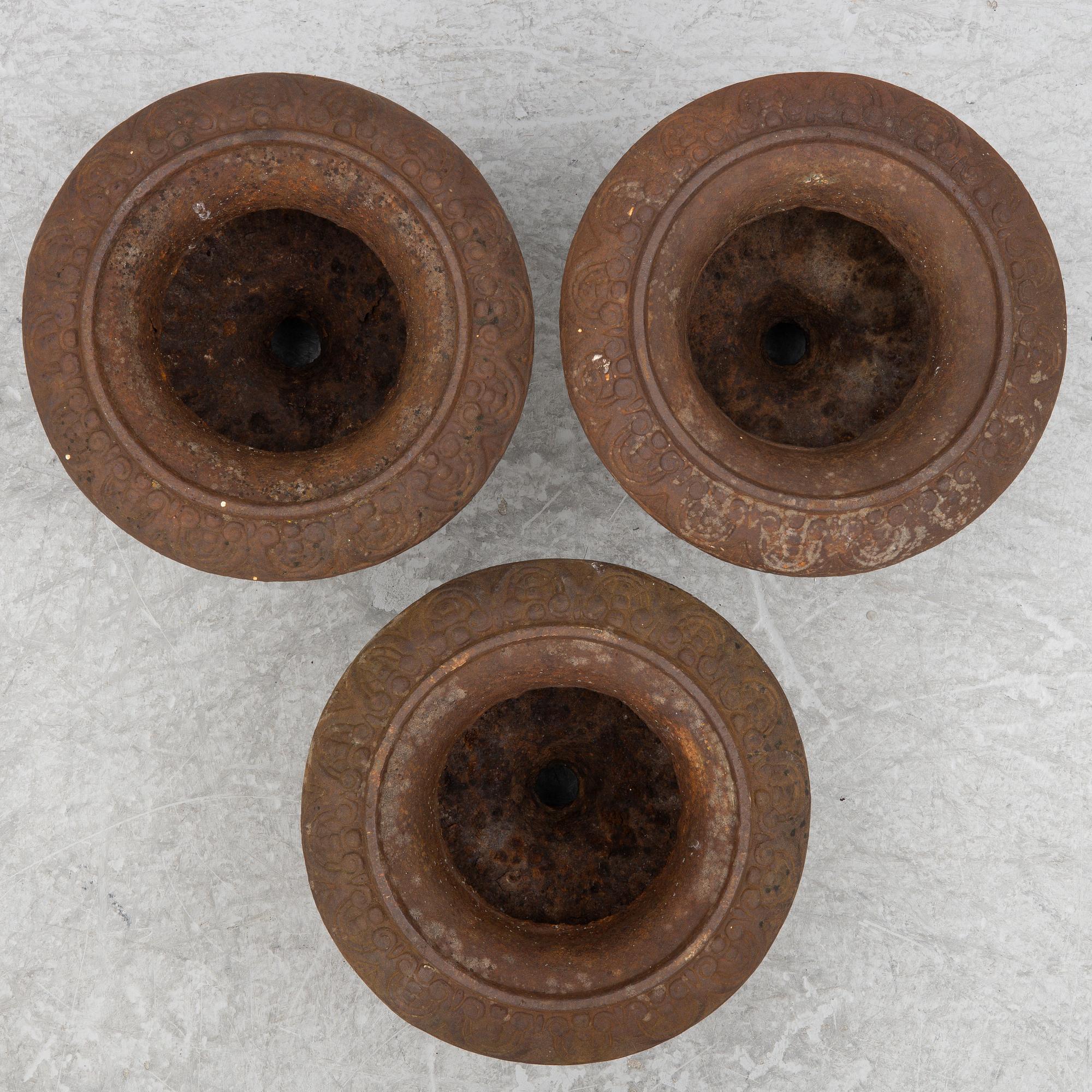Garden urns, 3 pcs, cast iron, late 20th century.