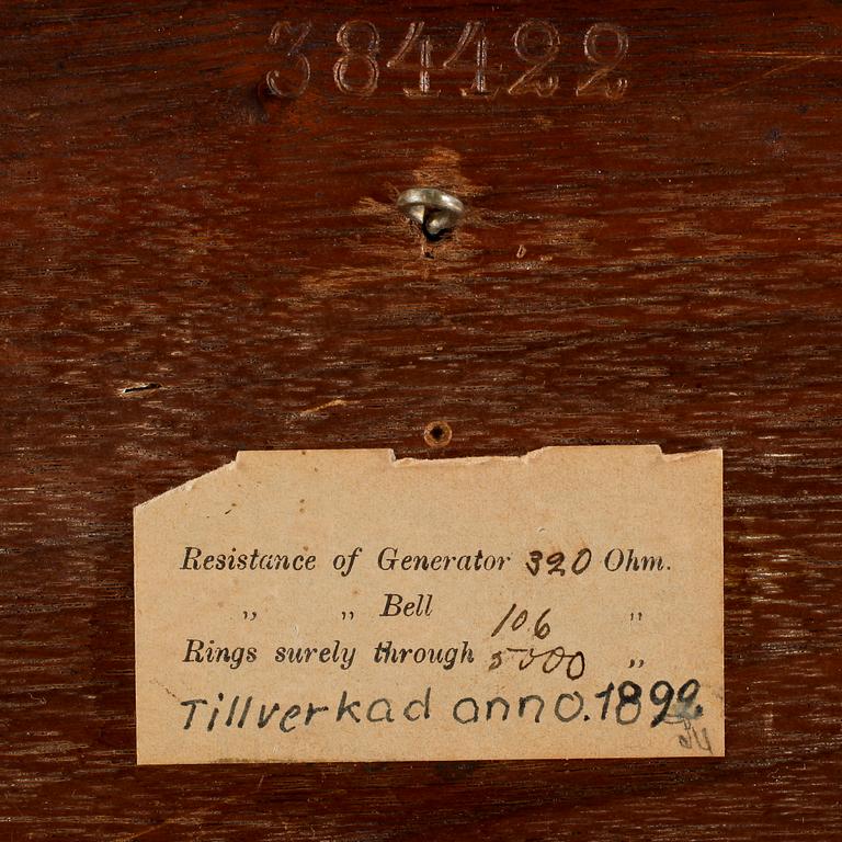 VÄGGTELEFON, L M Ericsson & Co, Patent, Stockholm, omkring 1900.