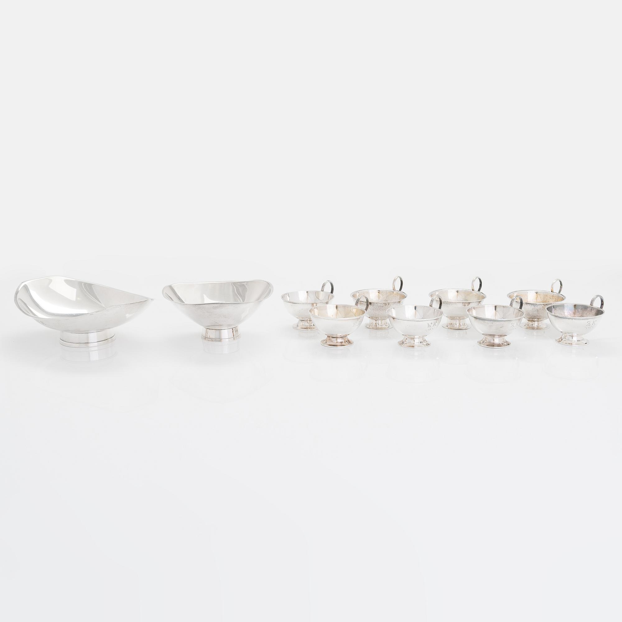 Two sterling silver bowls, Gustav Jansson 1955, 1960, and eight similar silver punsch cups, GAB and CGH 1933-41. Sweden.