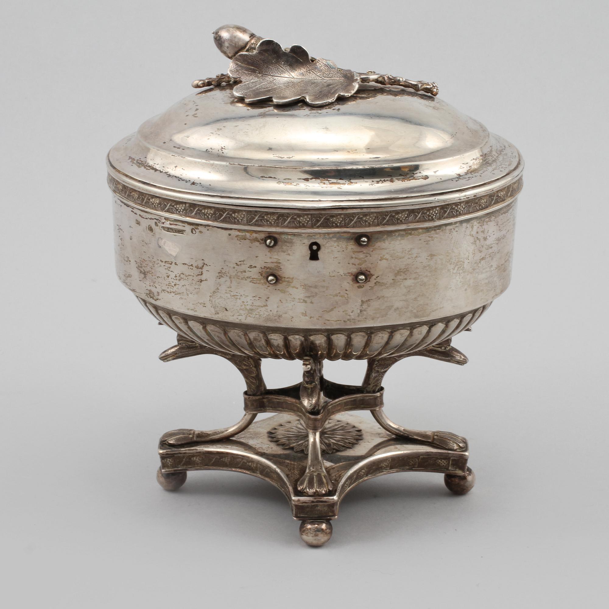 SOCKERSKRIN, silver, Olof Hagrelius, Mariefred,  empire, 1827, vikt 948 gram.