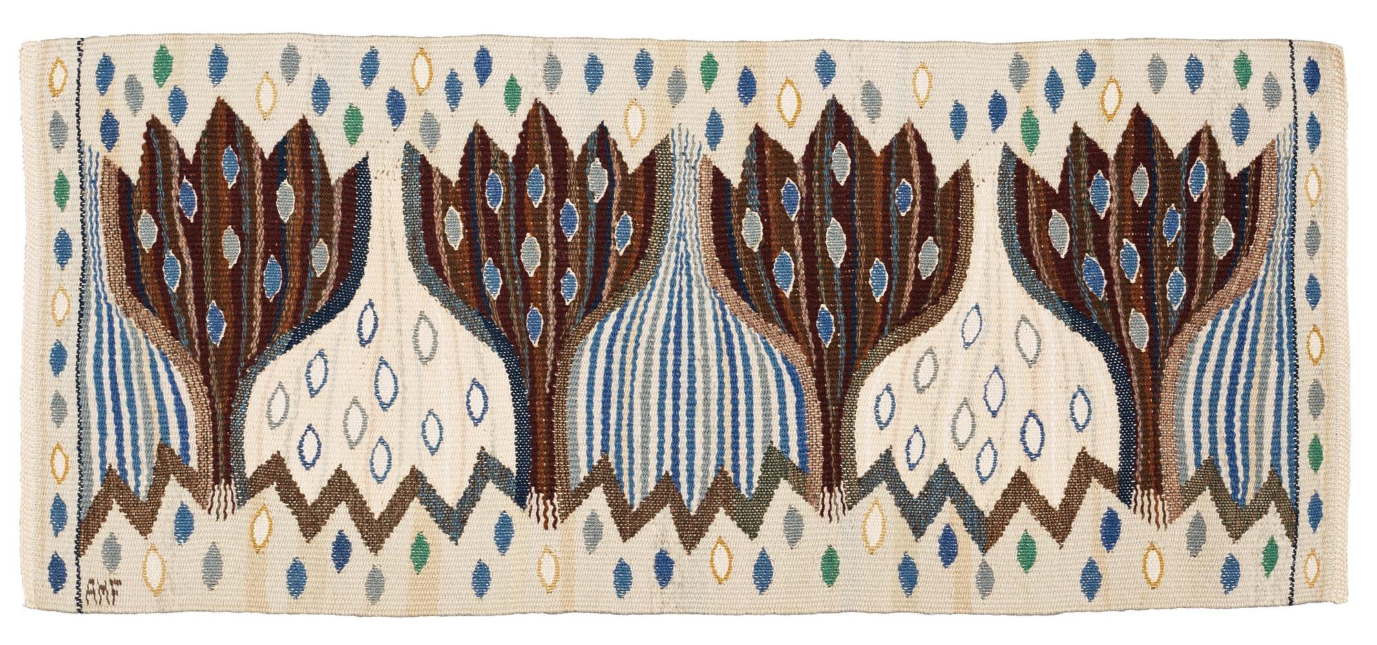 TEXTILE. "Blå Crocus". Tapestry weave variant. 32,5 x 75  cm. Signed AMF.