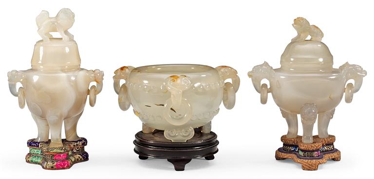 A Chinese agate censer and two tripod jars and covers.