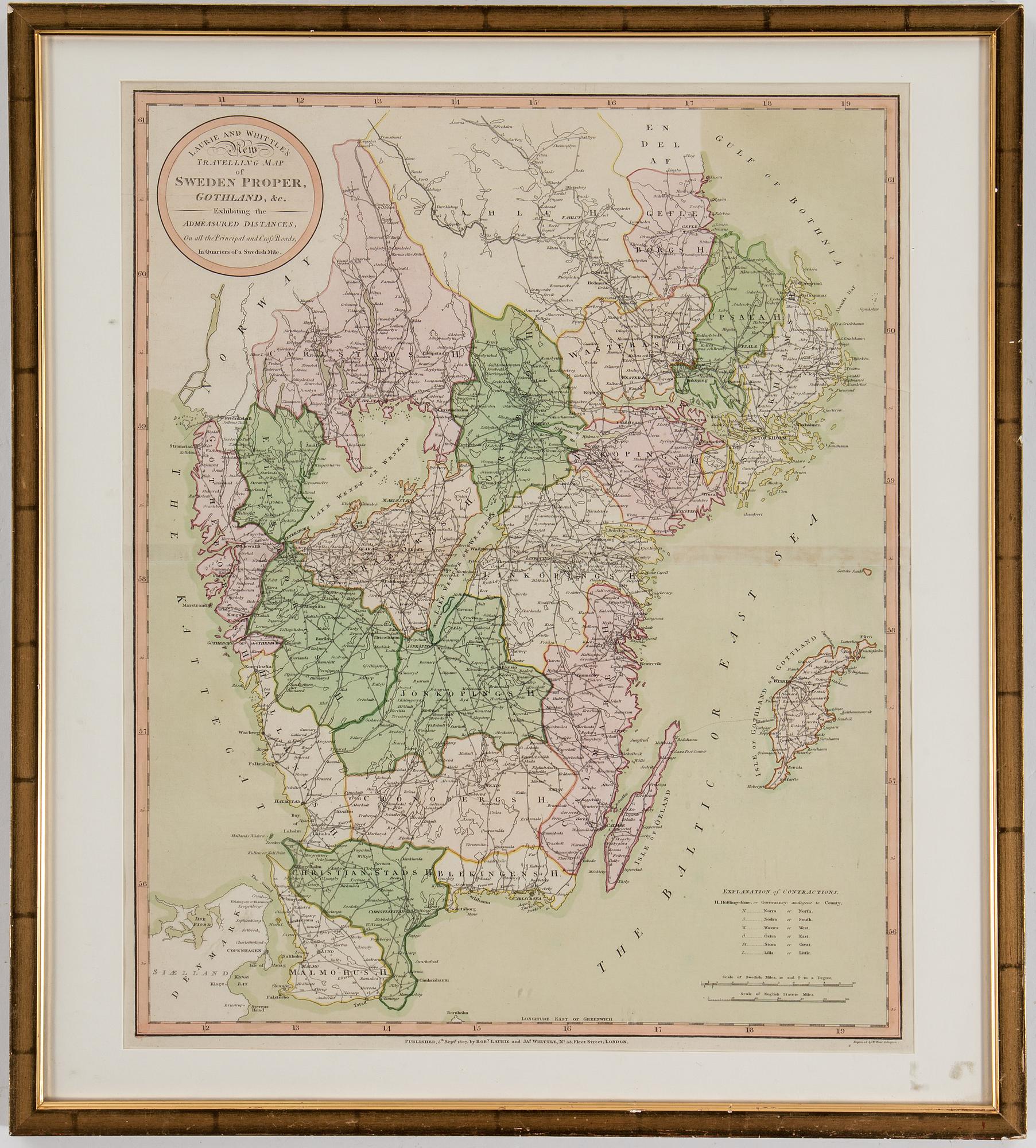 KARTA, gravyr, "Traveling map of Sweden proper, Gothland...", Laurie & Whittle, 1807.