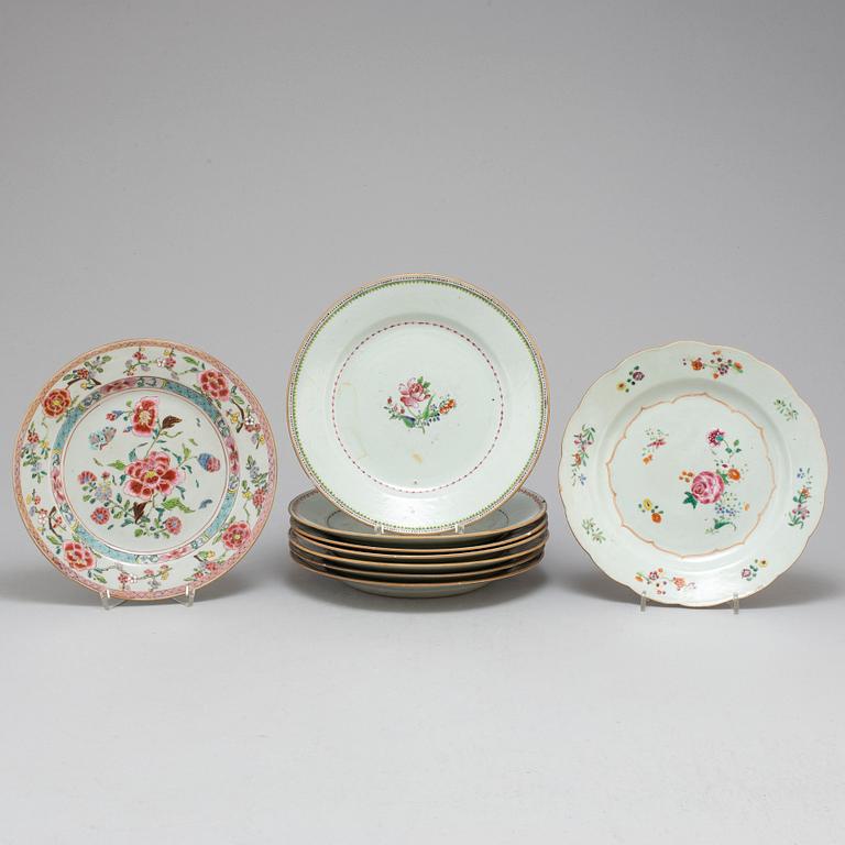 Nine famille rose export plates, Qing dynasty, Qianlong (1736-95).