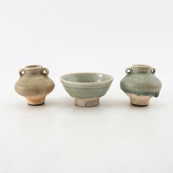 A group of three celadon glazed vessels, Sawankhalok, Thailand, 15th/16th century.