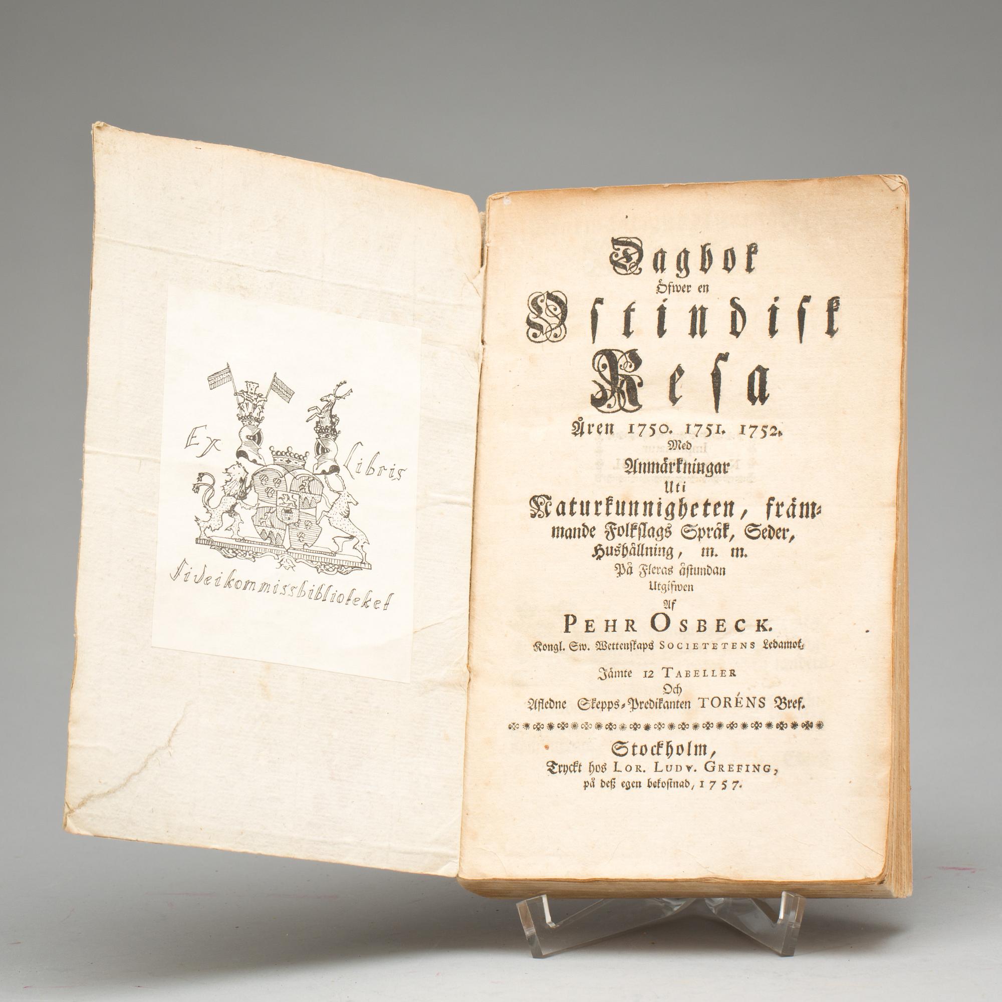 BOK, "Dagbok Öfwer en Ostindisk Resa Åren 1750. 1751. 1752" av Pehr Osbeck, Stockholm 1757.