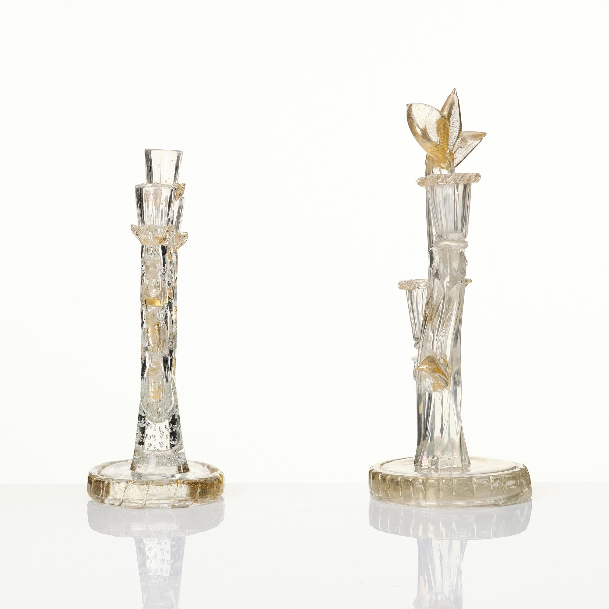 Ercole Barovier, two glass candelabra, Barovier & Toso, Murano, Italy mid 1900s.