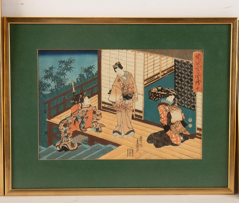 Utagawa Kunisada, färgträsnitt, tre stycken, Japan.