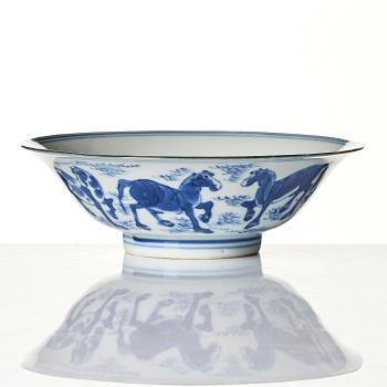 A blue and white Kung Mu bowl, 17th century with a Jiajing mark.