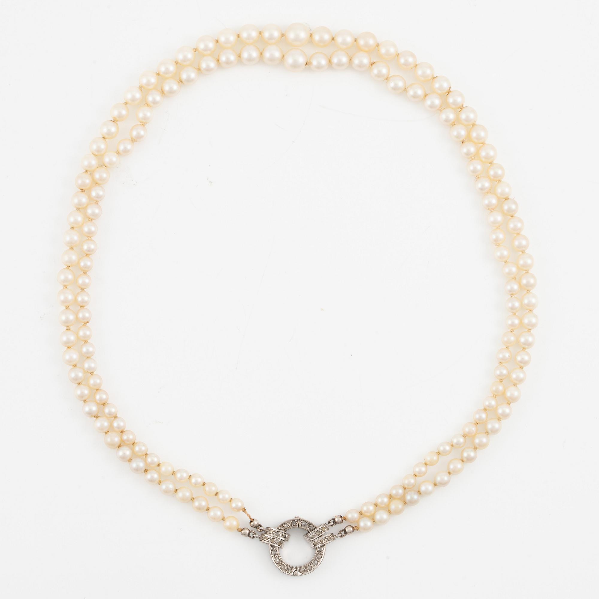 Pearl necklace, double-stranded, cultured pearls, clasp in white gold set with rose-cut diamonds.