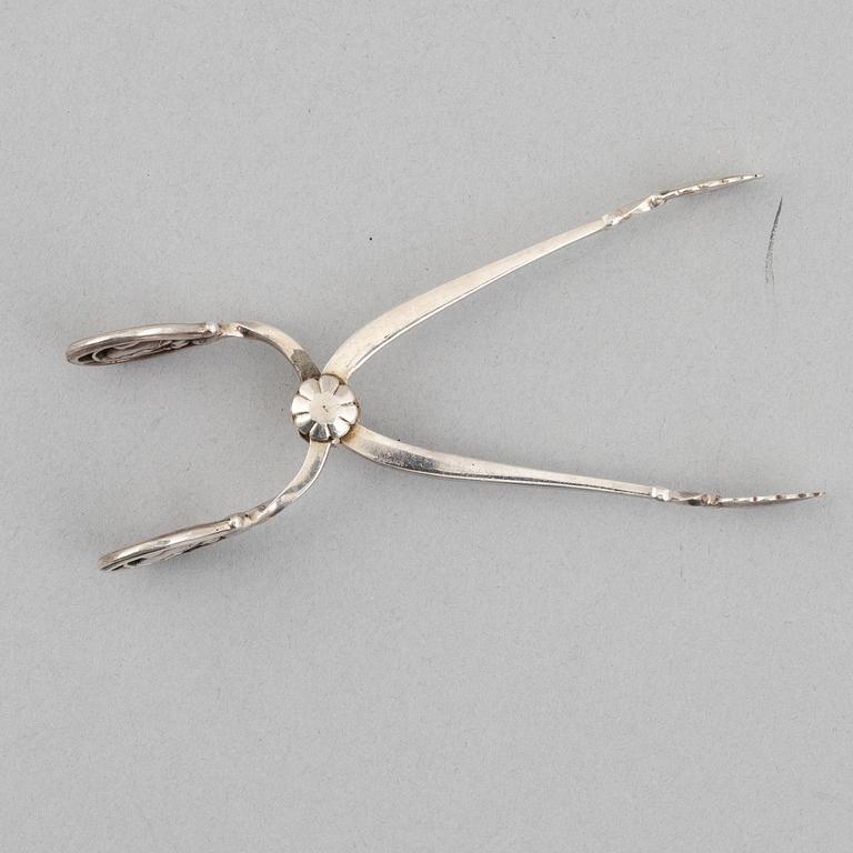 Three silver tongs, Sweden and Denmark, 1834-1923.