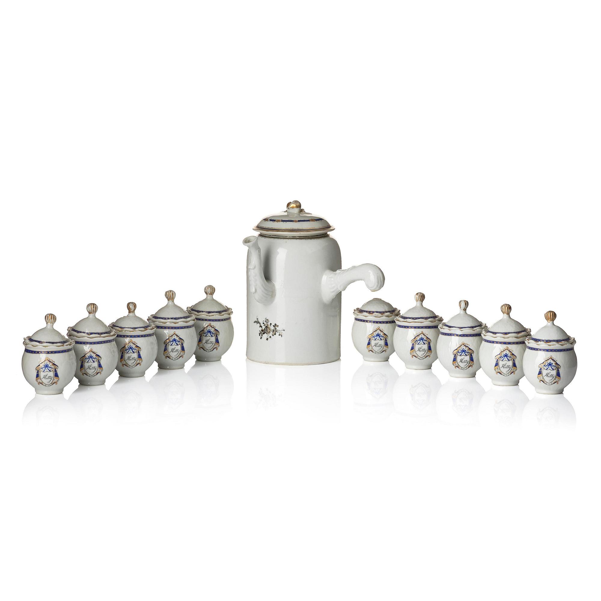 A set of 10 'European Subject' custard cups with covers and a coffeepot with cover, Qing dynasty, Jiaqing (1796-1820).