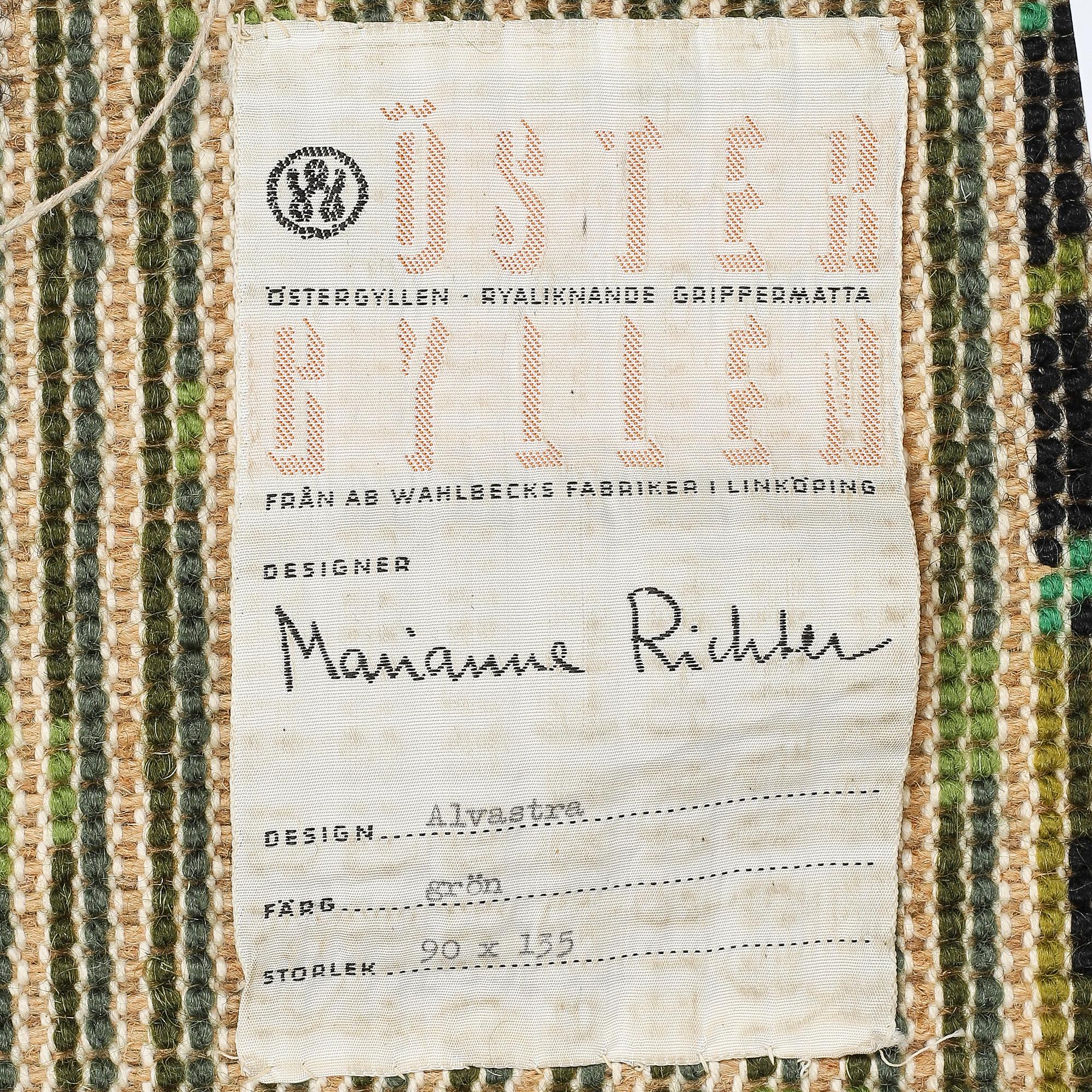 MARIANNE RICHTER, MATTO, machine made, "Alvastra, grön", ca 132 x 91 cm, Östergyllen.