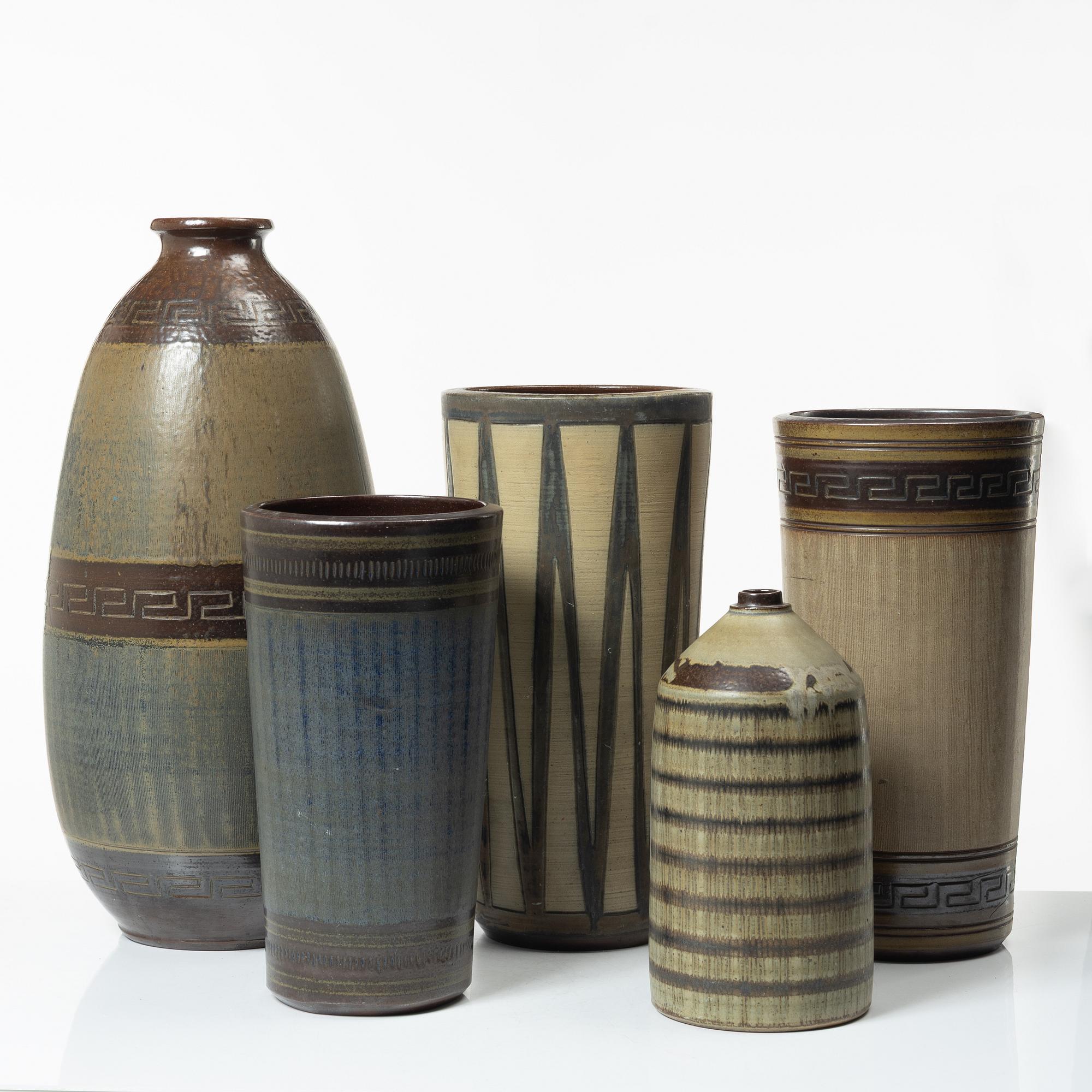 Five stoneware vases, Wallåkra, Sweden, mid-20th century.
