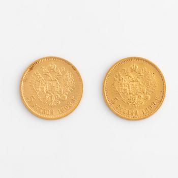 Guldmynt 2 st, Ryssland, Nikolaj II, 5 rubel, 1898 & 1899.