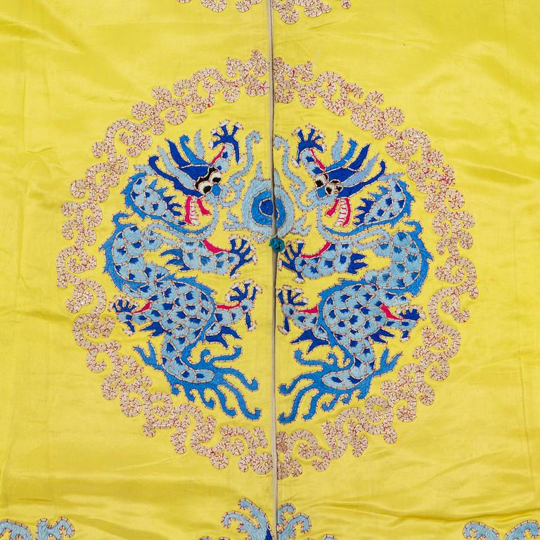 A yellow-ground embroidered silk robe, 20th century.