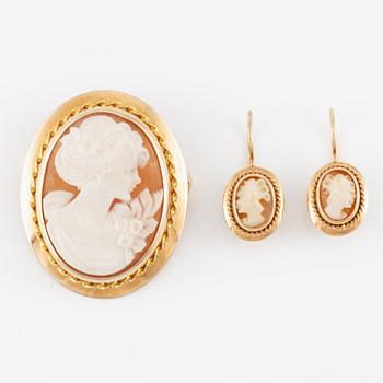 Earrings and brooch/pendant, 14K gold with shell cameo.