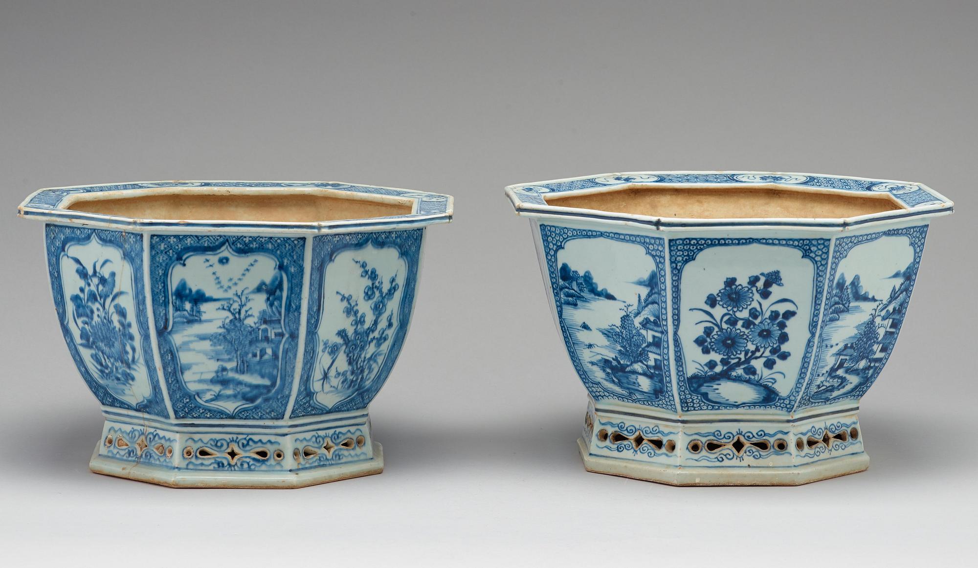 Two blue and white flower pots, Qing dynasty, Qianlong (1736-95).