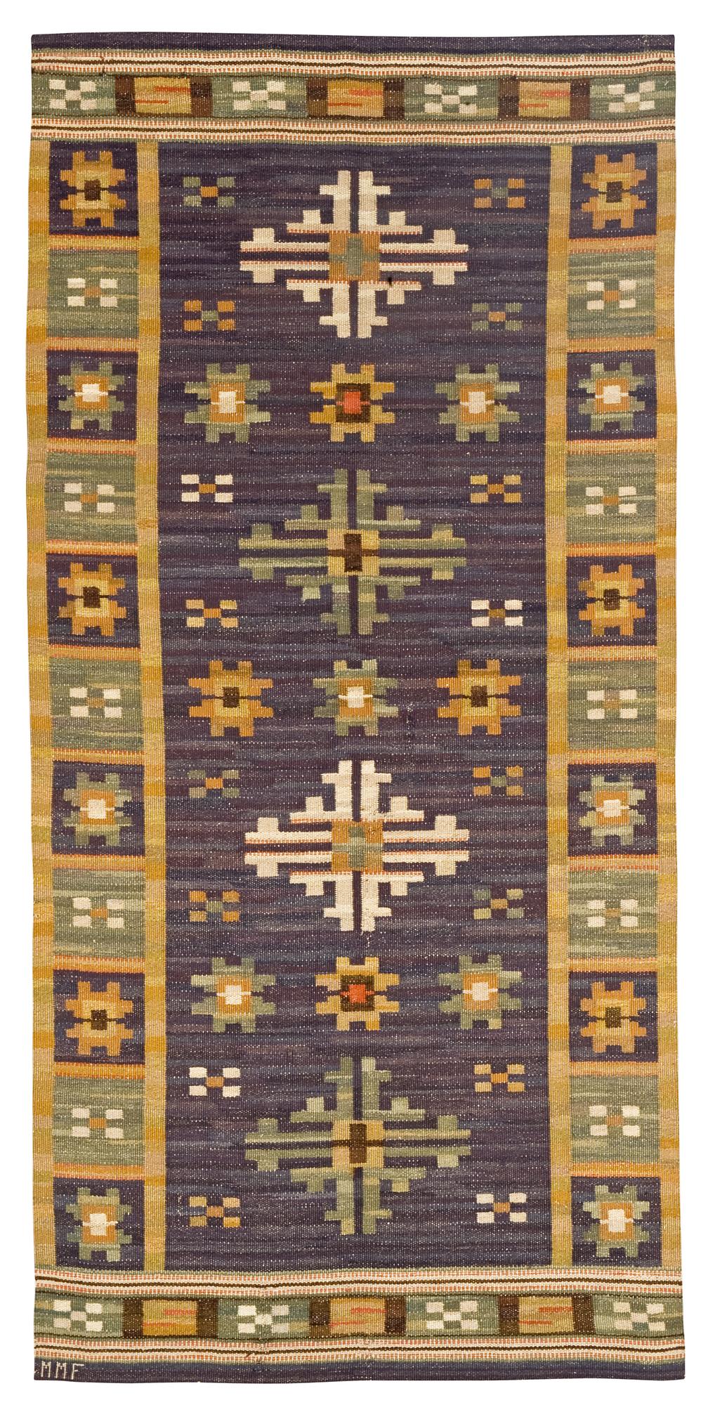 DRAPERI. "Draperi med Långbårder". Rölakan. 207 x 103,5 cm. Signerat MMF (Märta Måås-Fjetterström).