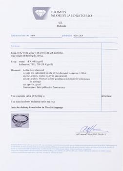 Ring, 18K vitguld, briljantslipad diamant ca 1.30 ct.