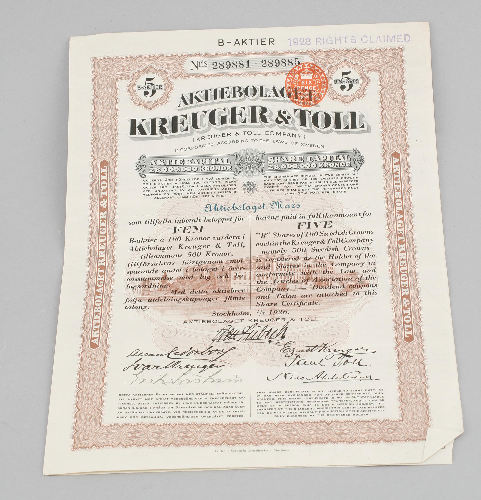 AKTIEBREV, 8 st, samt OBLIGATIONER, 2 st, Sverige, 1900-talets första del.