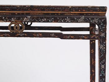 A  Chinese black lacquered altar table with mother of pearl inlay, 17th /18th Century.