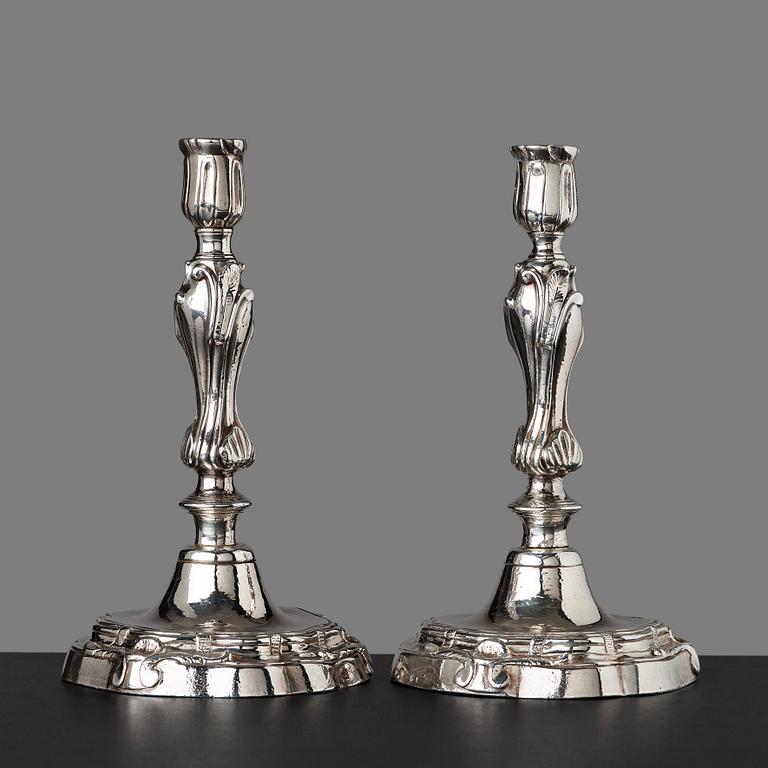 A pair of Rococo candlesticks by Stephen (Friedrich) T. Lemair, privilge in Stockholm 1762, Rococo, 1763.