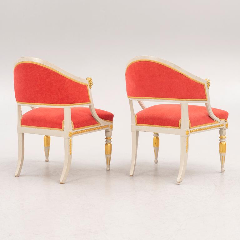 A pair of late Gustavian-style open armchairs, first part 19th century and circa 1900.
