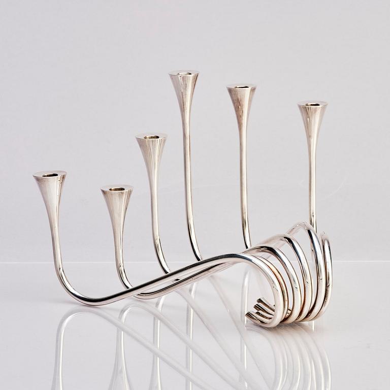 Ibi Trier Mørch, a pair of "Bølgeslag" six-branched sterling silver candelabra for A. Michelsen, Denmark 1951.