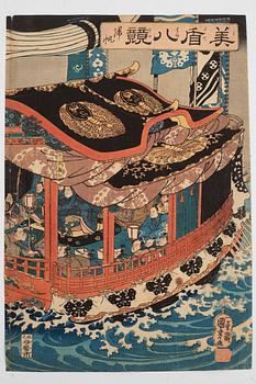Utagawa Kuniyoshi, träsnitt, triptyk, sannolikt 1800-tal.
