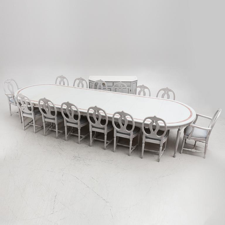 Dining table, sideboard, 12 chairs, 2 armchairs, Gustavian style, second half of the 20th century.