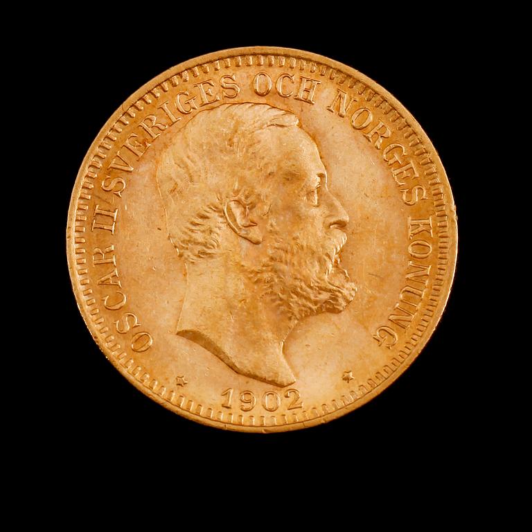 GULDMYNT, 20 kronor, Oscar II, 1902. Vikt ca 9 gram.