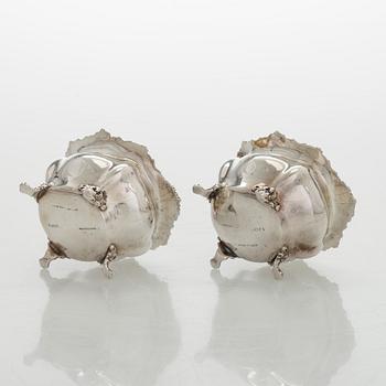 Black Starr & Frost, a pair of sterling silver shakers and sugar bowls, USA around 1900, Gorham pair of sterling spoons.