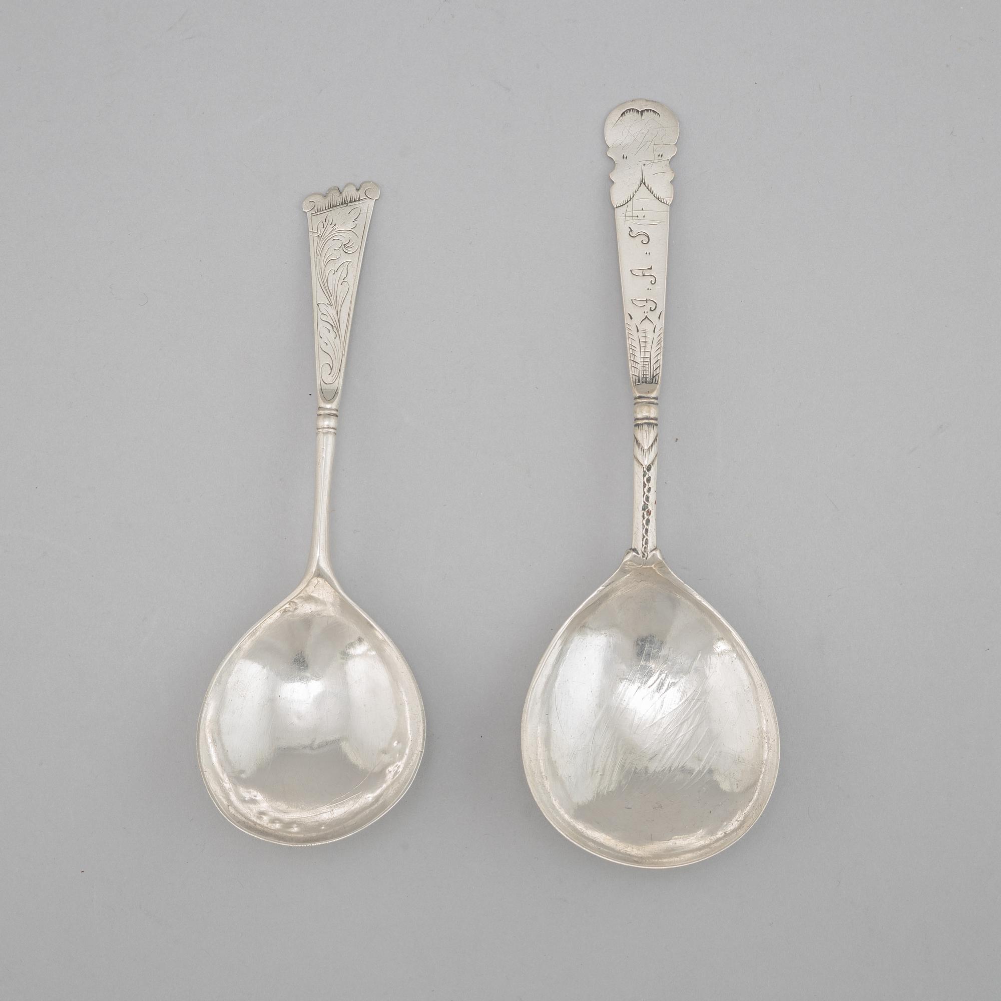 Two possibly Norwegian 17th century silver spoons, one unmarked one with makers mark ILM.