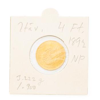 Gold coin, Austria, 4 Florins 10 Francs, 1892.