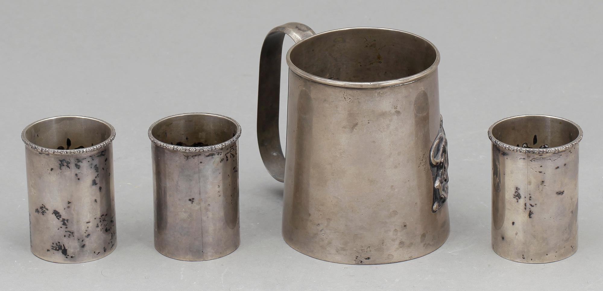 MUGG SAMT 3 BÄGARE, silver, B.A. Sevadjian, Etiopien, 1960-tal. Tot ca 415 gram.
