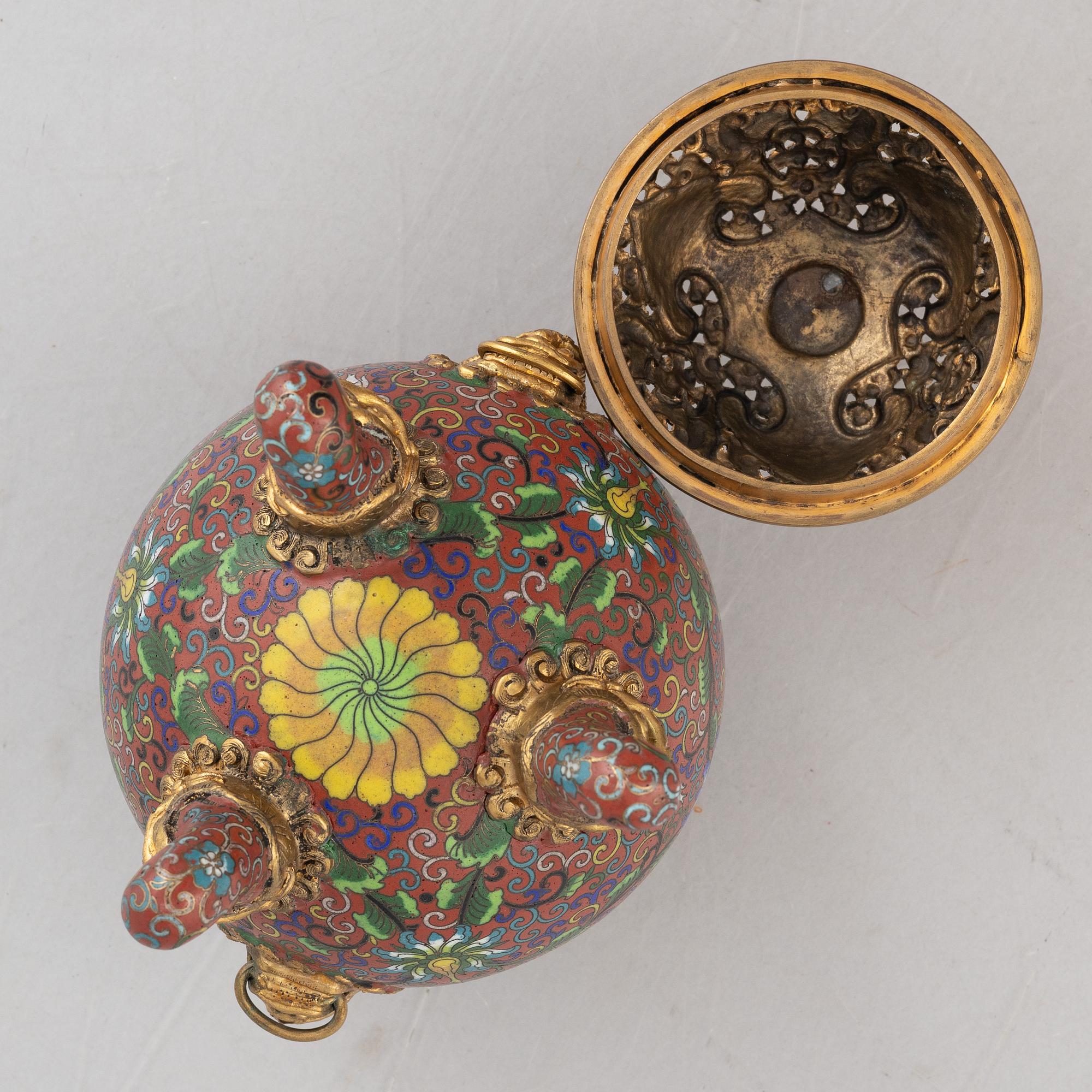 A Chinese cloisonné tripod censer, late Qing dynasty.