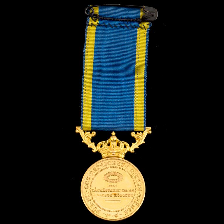 KUNGLIG MEDALJ,  23k guld, "För Nit och Redlighet i Rikes Tjänst", "5:e storleken", före 1947.